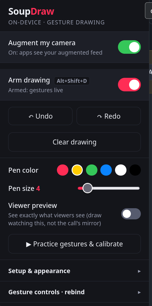 Popup: arm/disarm, undo/redo, pen, viewer preview, practice