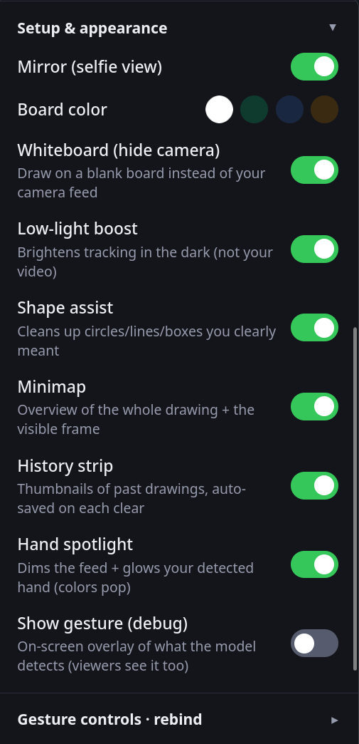Setup and appearance settings